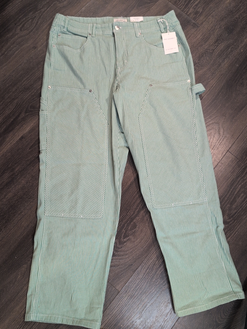 Womens Relaxed Straight Mid Rise Carpenter Pants Green White Stripe 16 NWT